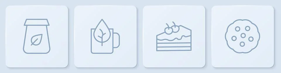 Set line Tea packaging, Piece of cake, Cup tea with leaf and Cookie or biscui Stock Illustration
