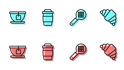 Set line Tea strainer with handle, Cup tea bag, of and Croissant icon. Vector Illustration