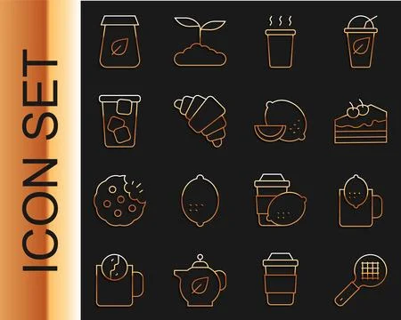 Set line Tea strainer with handle, Cup of tea lemon, Piece cake, Croissant, Ice Illustration
