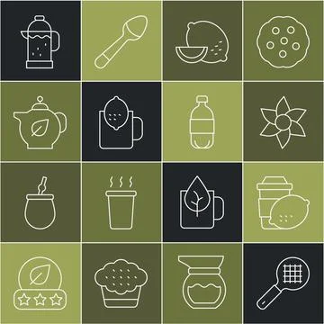 Set line Tea strainer with handle, Cup of tea lemon, Flower, Lemon, Teapot .. Illustration