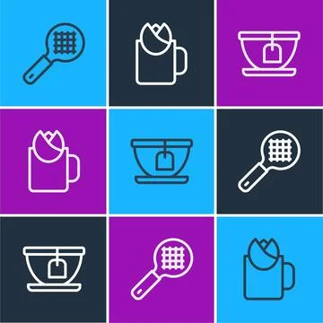 Set line Tea strainer with handle, Cup tea bag and of rose icon. Vector Illustration