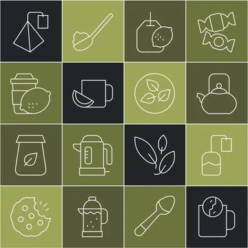 Set line Tea time, bag, Kettle with handle, lemon, Cup of tea,  and leaf ic.. Illustration