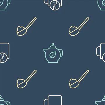 Set line Tea time, Spoon with sugar and Teapot leaf on seamless pattern. Vector Stock Illustration