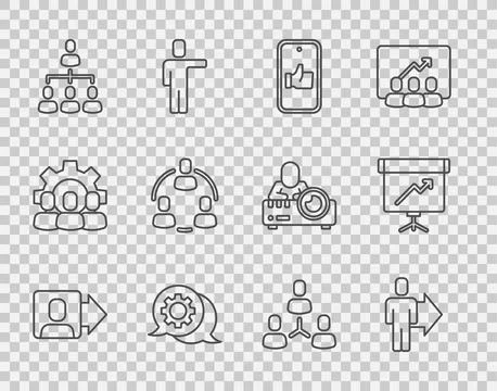 Set line Team leader, Hand like, Speech bubble chat, Hierarchy organogram c.. Stock Illustration