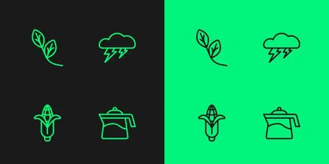 Set line Teapot, Corn, Leaf and Cloud and lightning icon. Vector Stock Illustration