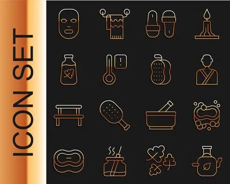 Set line Teapot with leaf, Bar of soap, Man in the sauna, Sauna slippers 库存插图