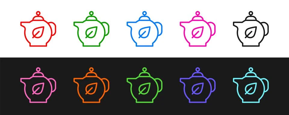 Set line Teapot with leaf icon isolated on black and white background.  Vecto Stock Illustration