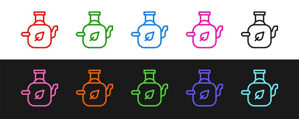 Set line Teapot with leaf icon isolated on black and white background.  Vecto Stock Illustration