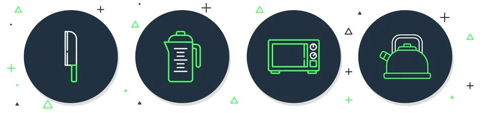 Set line Teapot, Microwave oven, Knife and Kettle with handle icon. Vector Illustration