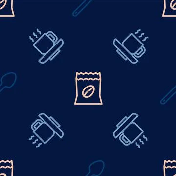 Set line Teaspoon, Coffee cup and Bag coffee beans on seamless pattern. Vector Stockillustratie