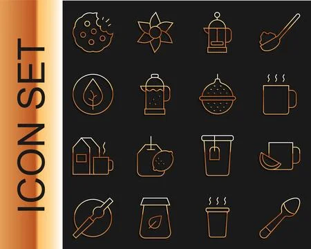 Set line Teaspoon, Cup of tea with lemon, French press, leaf, Cookie or bis.. Stock Illustration