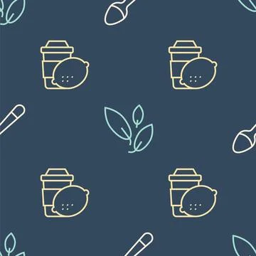 Set line Teaspoon, Cup of tea with lemon and leaf on seamless pattern. Vector Stockillustratie