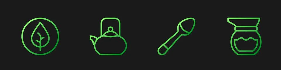 Set line Teaspoon, leaf, Kettle with handle and Teapot. Gradient color icon.. Illustration