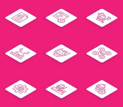 Set line Technical specification, Computer api interface, Robot, Robotic robot Illustrazione stock