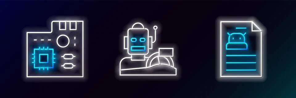 Set line Technical specification, Motherboard digital chip and Robot humanoid Stock Illustration