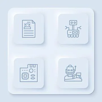Set line Technical specification, Robot, Motherboard digital chip and humanoid Stock Illustration