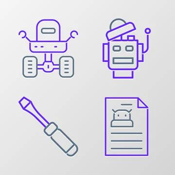 Set line Technical specification, Screwdriver, Robot and Mars rover icon. V.. Stock Illustration