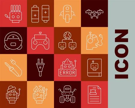 Set line Technical specification, User manual, Robot charging battery, Remote Stock Illustration