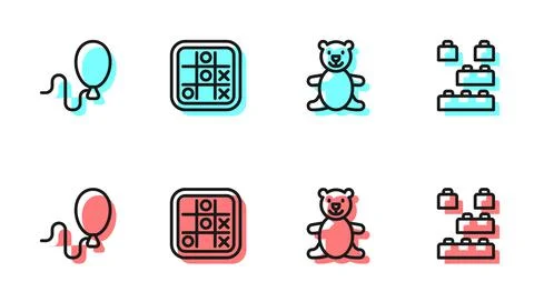 Set line Teddy bear plush toy, Balloons, Tic tac toe game and Toy building block Ilustración de archivo