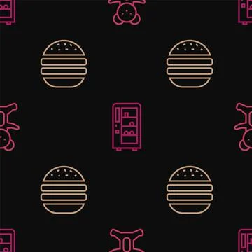 Set line Teddy bear plush toy, Burger and Vending machine on seamless pattern Stock Illustration