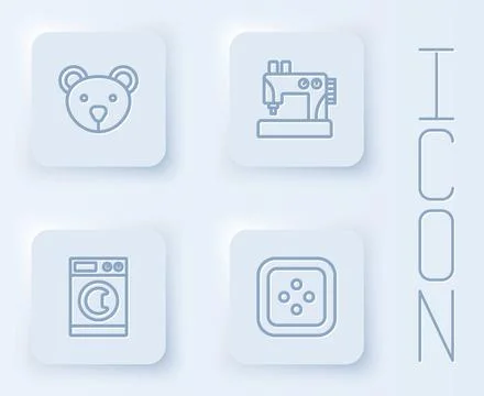 Set line Teddy bear plush toy, Sewing machine, Washer and button for clothes. Stock Illustration