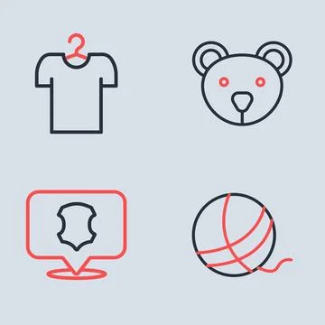 Set line Teddy bear plush toy, Leather, Yarn ball and T-shirt on hanger ico.. Stock Illustration