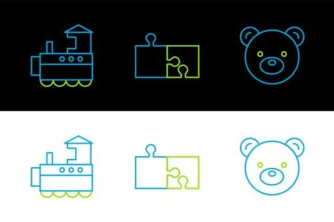 Set line Teddy bear plush toy, Toy train and Piece of puzzle icon. Vector Stock Illustration
