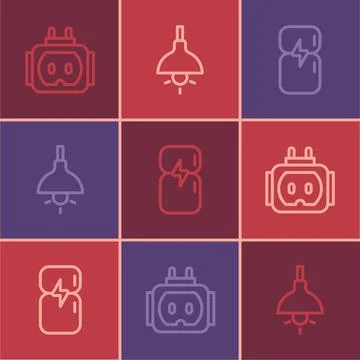 Set line Tee plug electric, Refrigerator and Lamp hanging icon. Vector Stock Illustration