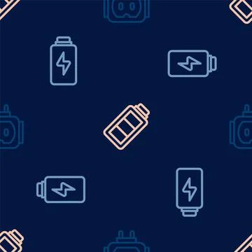 Set line Tee plug electric, Battery charge and on seamless pattern. Vector Stock Illustration
