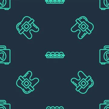 Set line Teeth with braces, and First aid kit on seamless pattern. Vector Stock Illustration