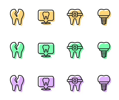 Set line Teeth with braces, Broken tooth, Dental clinic location and implant Stock Illustration