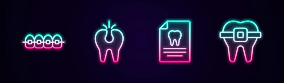 Set line Teeth with braces, Broken tooth, Clipboard dental card and . Glowing Stockillustratie