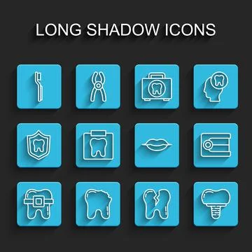 Set line Teeth with braces, Broken tooth, Toothbrush, Dental implant, X-ray of Stock Illustration