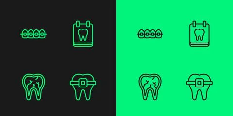 Set line Teeth with braces, Broken tooth,  and Calendar icon. Vector Stock Illustration