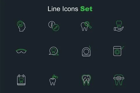 Set line Teeth with braces, Broken tooth, Tooth caries and drill, Calendar,.. Illustrazione stock