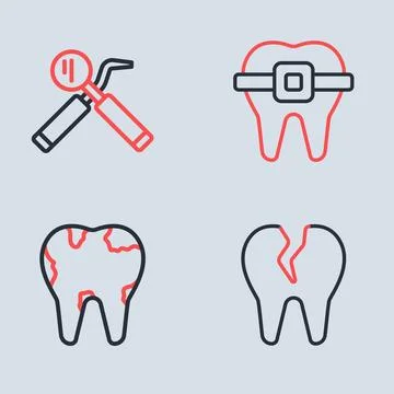 Set line Teeth with braces, Broken tooth, and Dental mirror and probe icon... Illustrazione stock