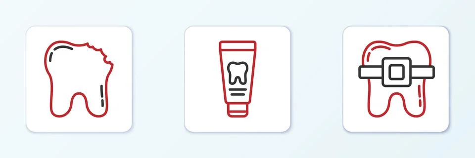 Set line Teeth with braces, Broken tooth and Tube of toothpaste icon. Vector Ilustración de archivo