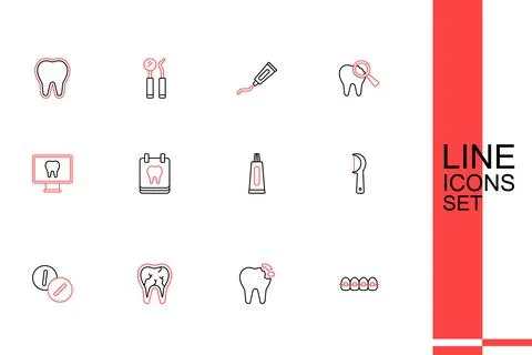 Set line Teeth with braces, Broken tooth, Toothache painkiller tablet, Dent.. Illustrazione stock