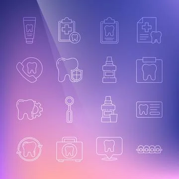 Set line Teeth with braces, Dental card, X-ray of tooth, protection, Online Stock Illustration