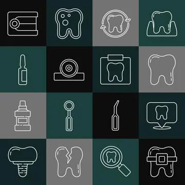Set line Teeth with braces, Dental clinic location, Tooth, whitening Stock Illustration