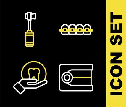 Set line Teeth with braces, Dentures model, Tooth and Toothbrush icon. Vector Illustrazione stock