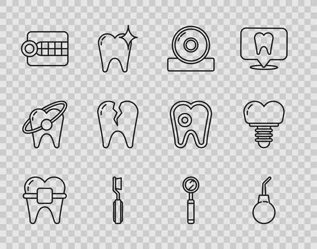 Set line Teeth with braces, Enema pear, Otolaryngological head reflector Stockillustratie