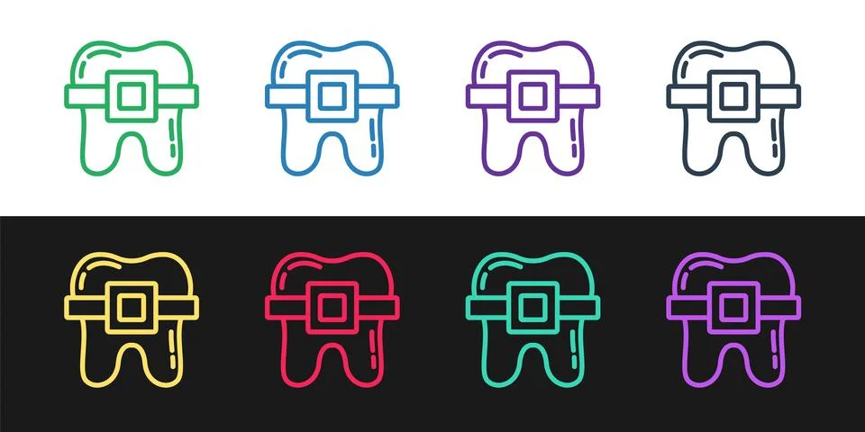 Set line Teeth with braces icon isolated on black and white background. Align Stock Illustration