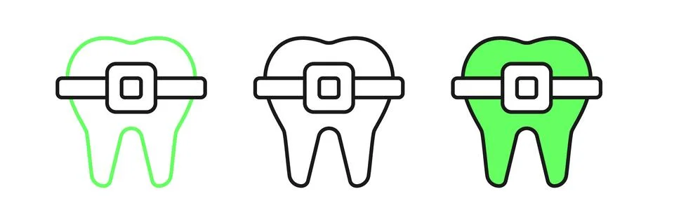 Set line Teeth with braces icon isolated on white background. Alignment of .. 스톡 일러스트