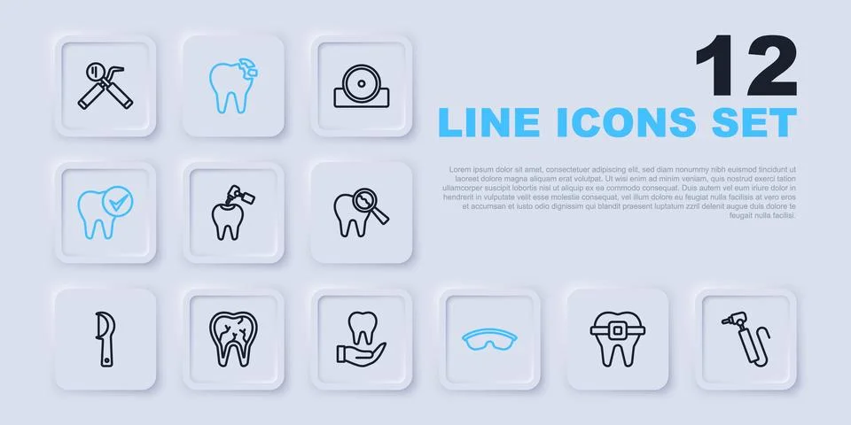 Set line Teeth with braces Tooth drill caries and Safety goggle glasses Broke Stock Illustration