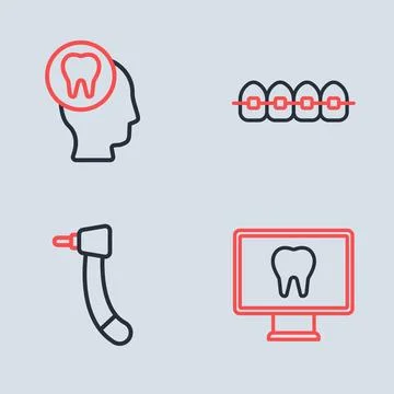Set line Teeth with braces, Tooth drill, Online dental care and Toothache i.. Stock-Illustration