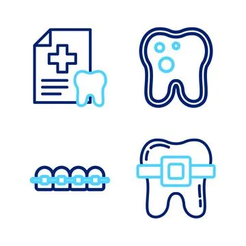Set line Teeth with braces, Tooth caries and Dental card icon. Vector 스톡 일러스트