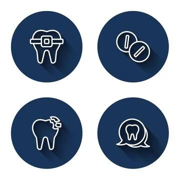Set line Teeth with braces, Toothache painkiller tablet, Broken tooth and with Stock Illustration