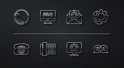 Set line Telephone 24 hours support, Location with gear, Computer monitor and 스톡 일러스트