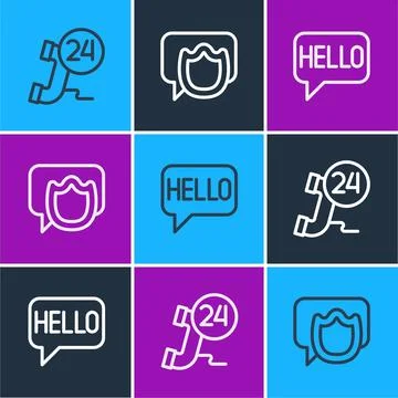 Set line Telephone 24 hours support, Hello in different languages and Speech Stock Illustration